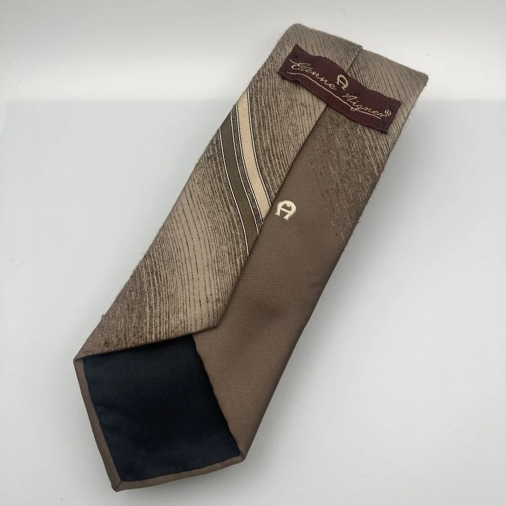 Etienne Aigner Neck Tie Tan‎ Brown Stripe  Logo Mens